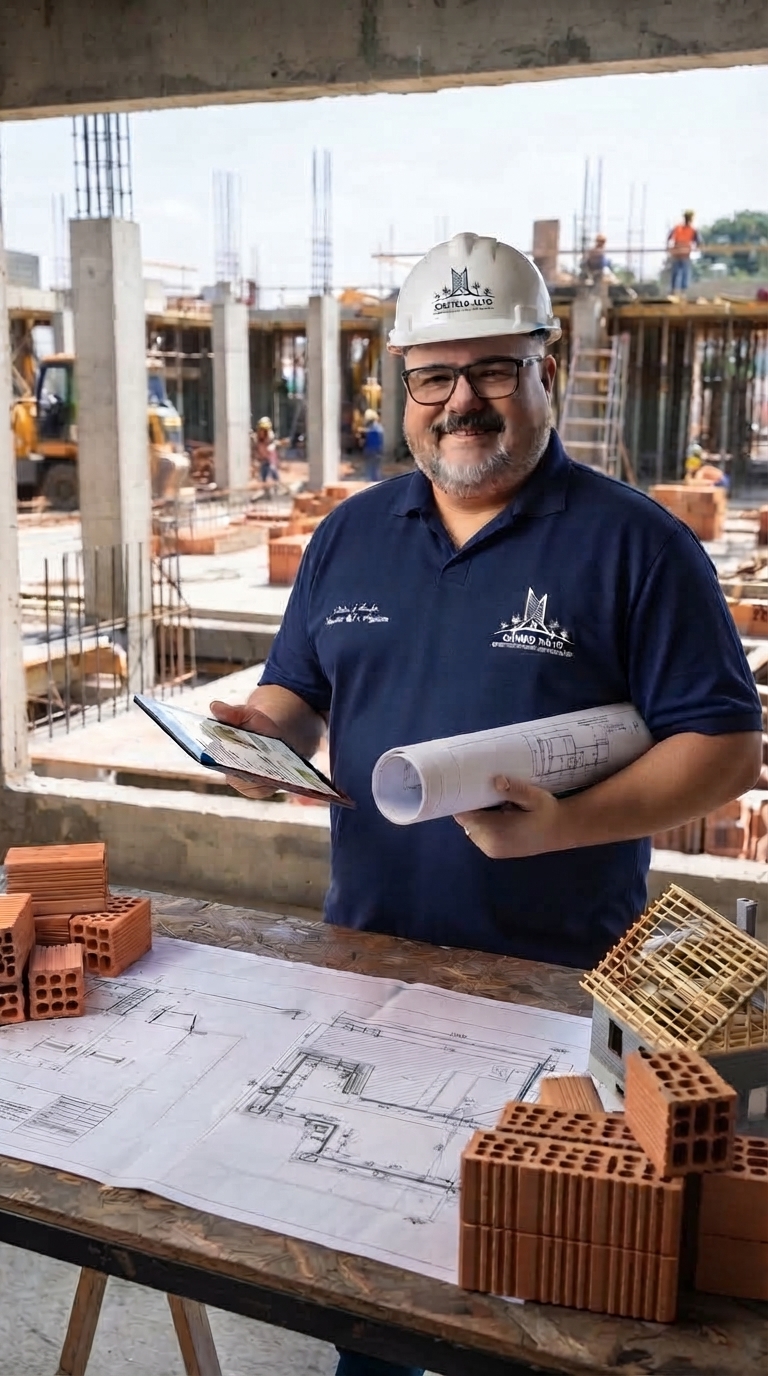 Eng. Amilcar em obra com plantas do projeto
